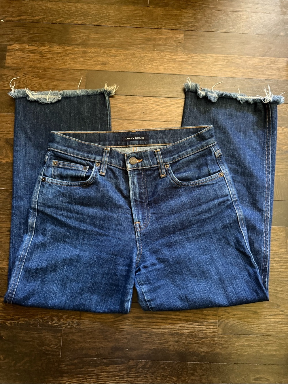 Lucky Brand Women's Dark Indigo Straight Leg Jeans with Frayed Hem